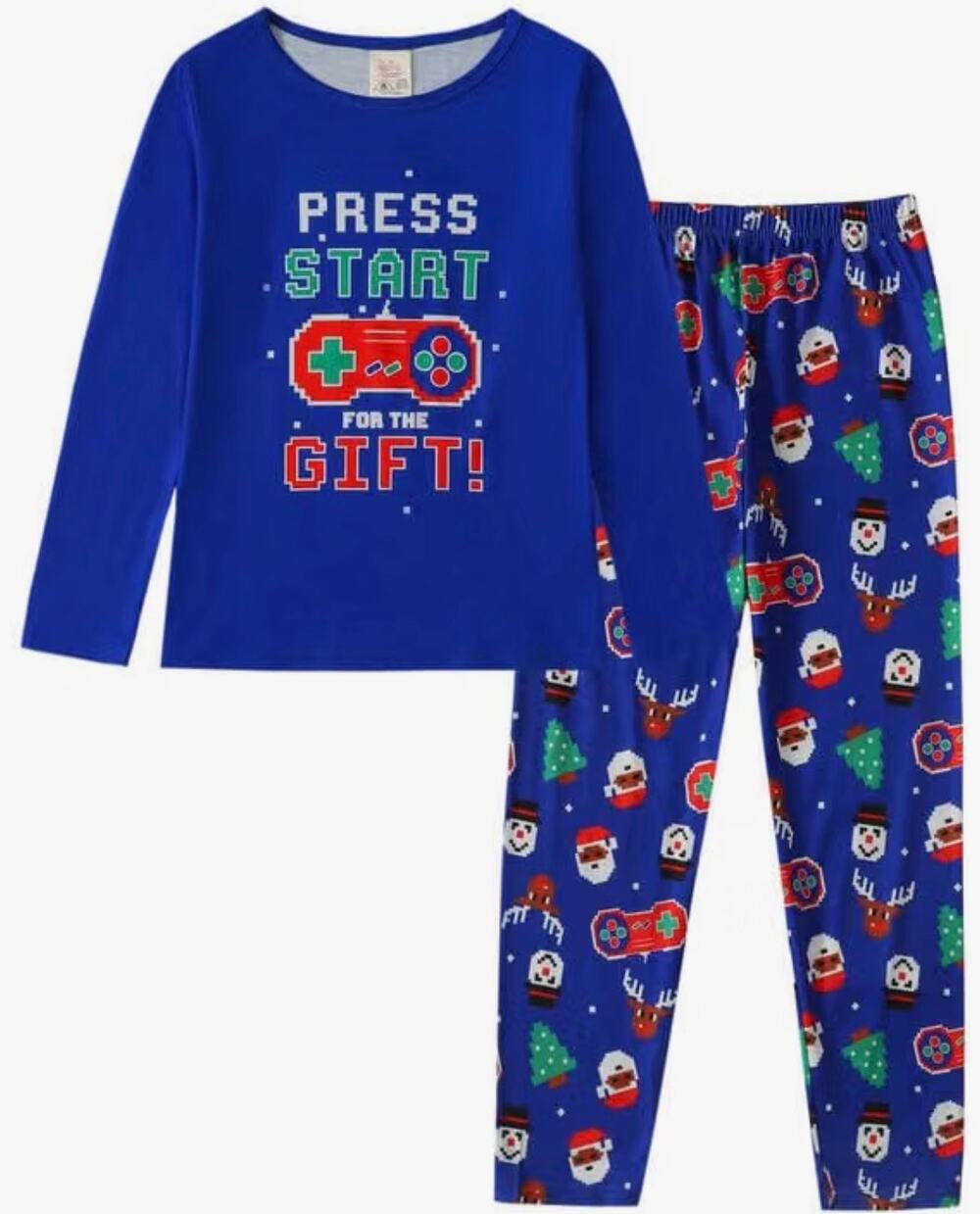 Kids Christmas Gaming Pajama Set Press Start for the Gift Blue Size 10-12